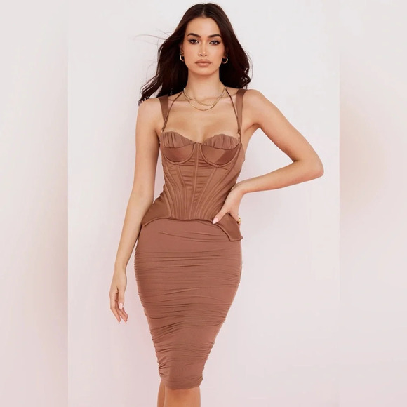 House of CB Talya Toffee Corset Midi Dress Brown - Picture 1 of 5
